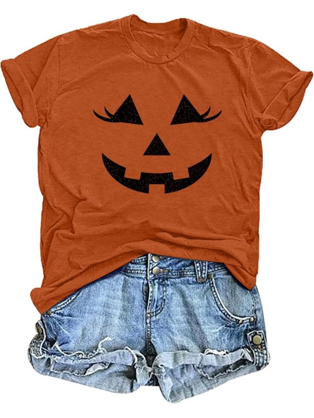 🆕 Women's Orange Cute Lashes Pumpkin Face Halloween Graphic Tee Shirt